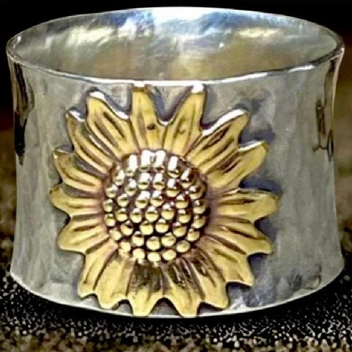 Vintage Carved Yellow Sunflower Silver Flower Ring