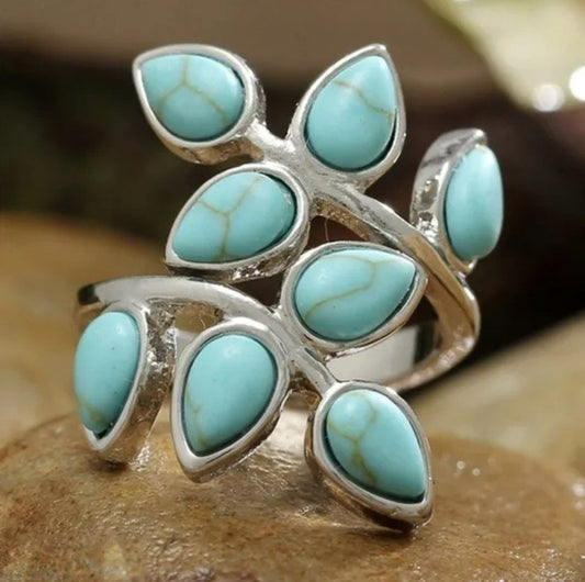 Vintage Blue Turquoise Leaves Open Antique Silver Ring