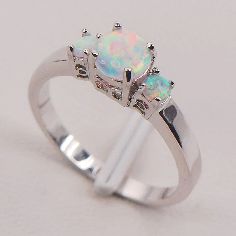 3 White Fire Opal Multi Stone Silver Ring