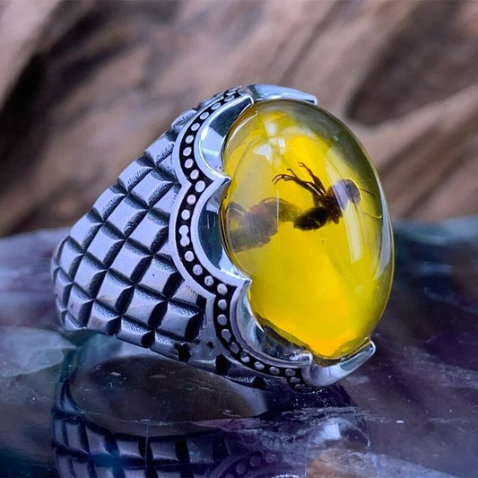 Men's Vintage Inlaid Yellow Amber Ant Fossil Silver Ring