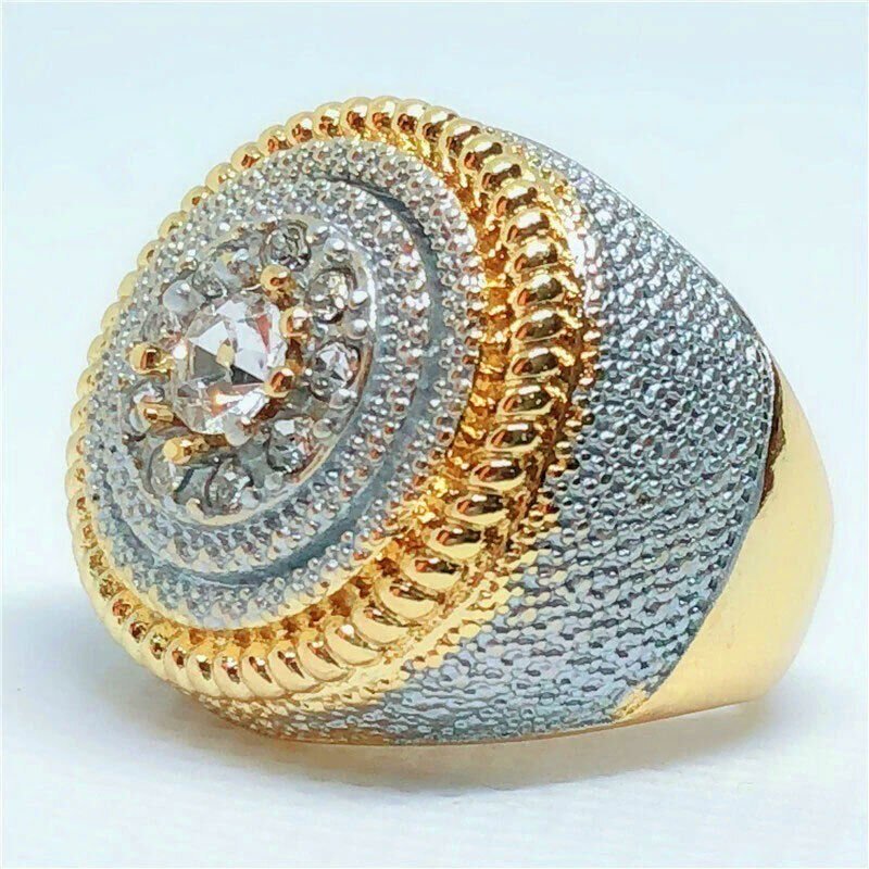 Men's Filled Puffed Marine Micro Paved CZ Two Tone Ring