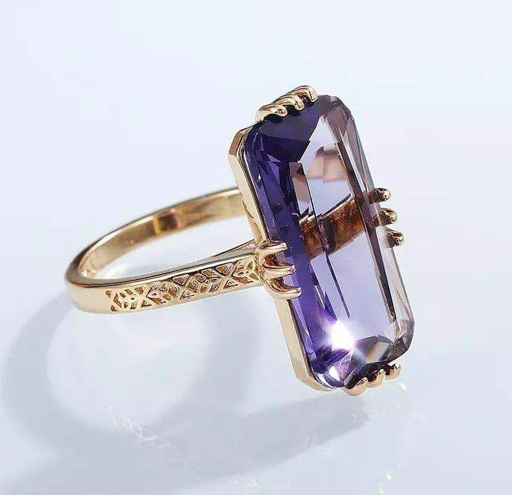Sterling Silver Long Purple Amethyst Claw Gold Tone Ring