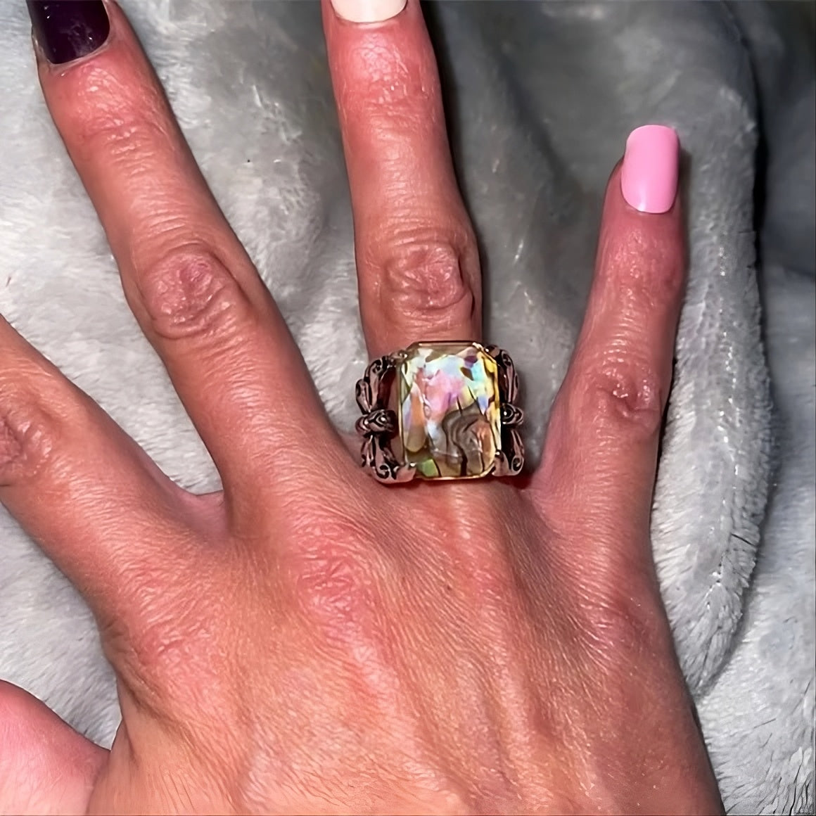 Vintage Distressed Colorful Shell Butterfly Antique Silver Ring