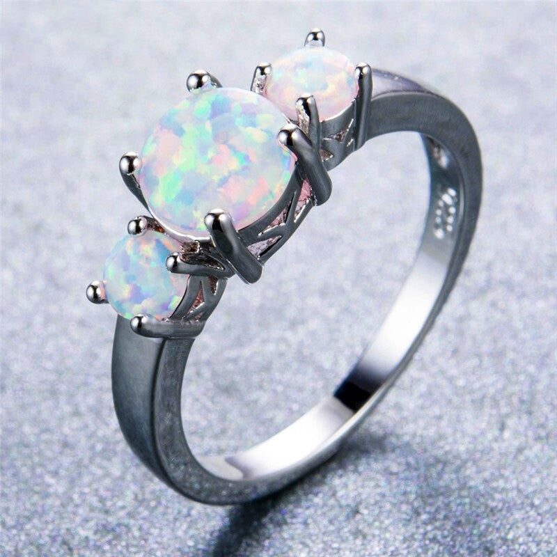 3 White Fire Opal Multi Stone Silver Ring