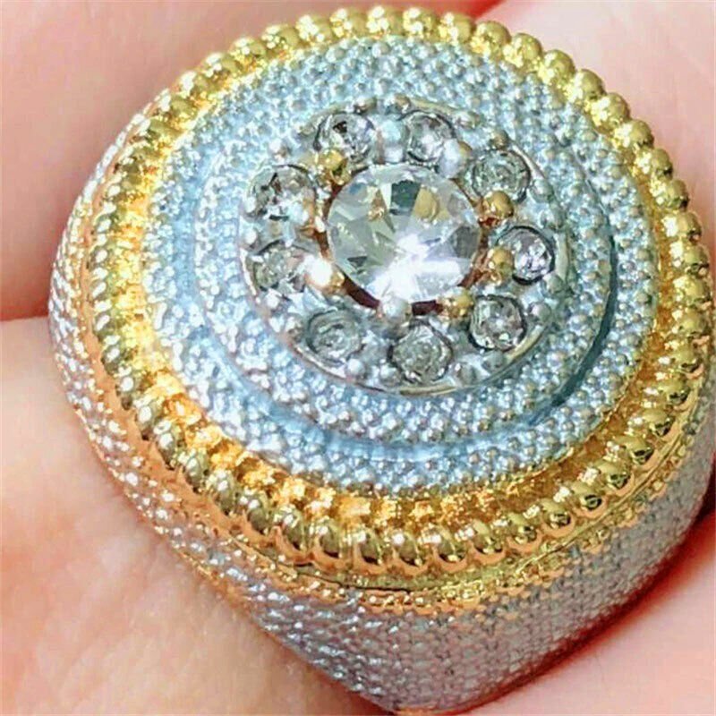 Men's Filled Puffed Marine Micro Paved CZ Two Tone Ring