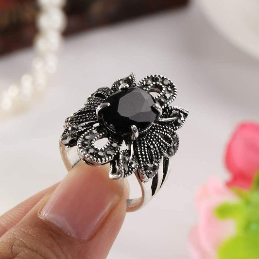 28mm Vintage Black Resin Hollow Out Flower Silver Ring