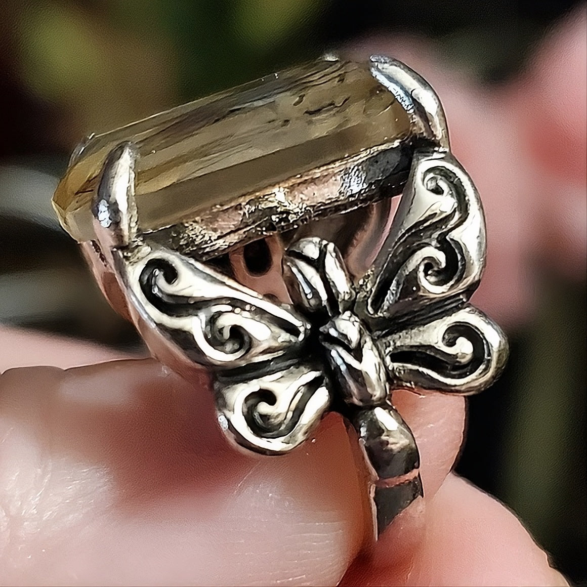 Vintage Distressed Colorful Shell Butterfly Antique Silver Ring