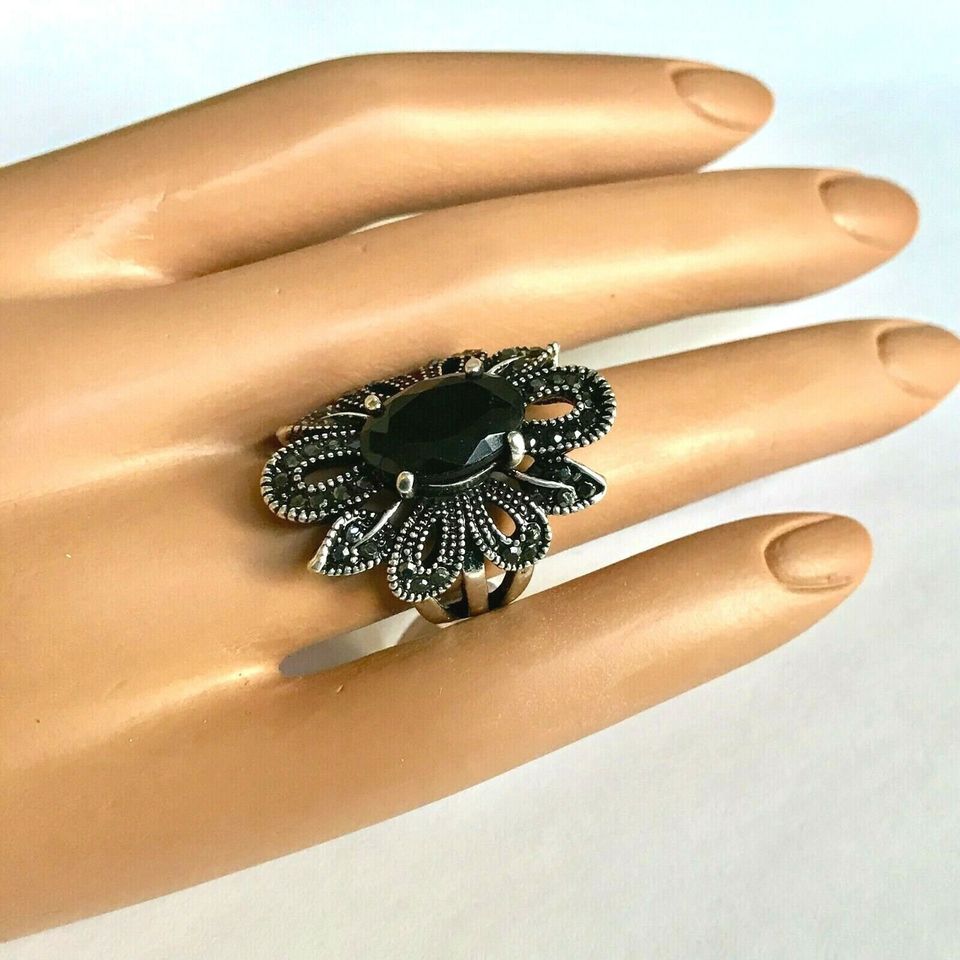 28mm Vintage Black Resin Hollow Out Flower Silver Ring