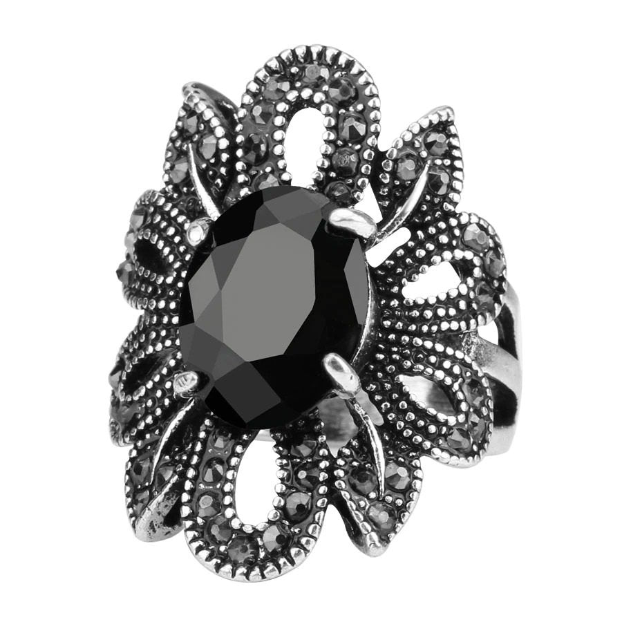 28mm Vintage Black Resin Hollow Out Flower Silver Ring