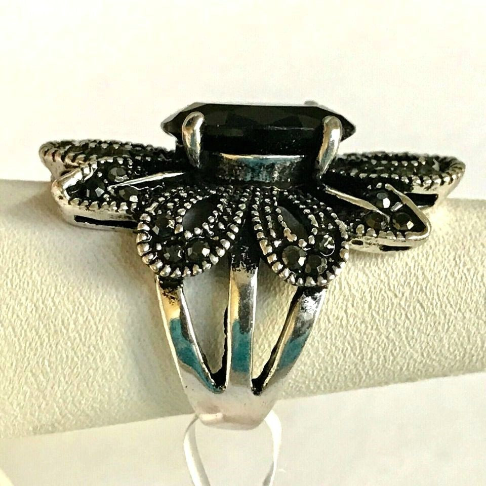 28mm Vintage Black Resin Hollow Out Flower Silver Ring