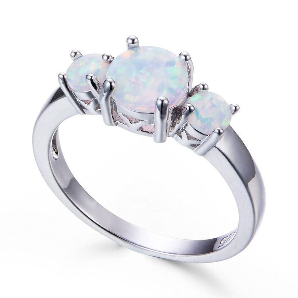 3 White Fire Opal Multi Stone Silver Ring