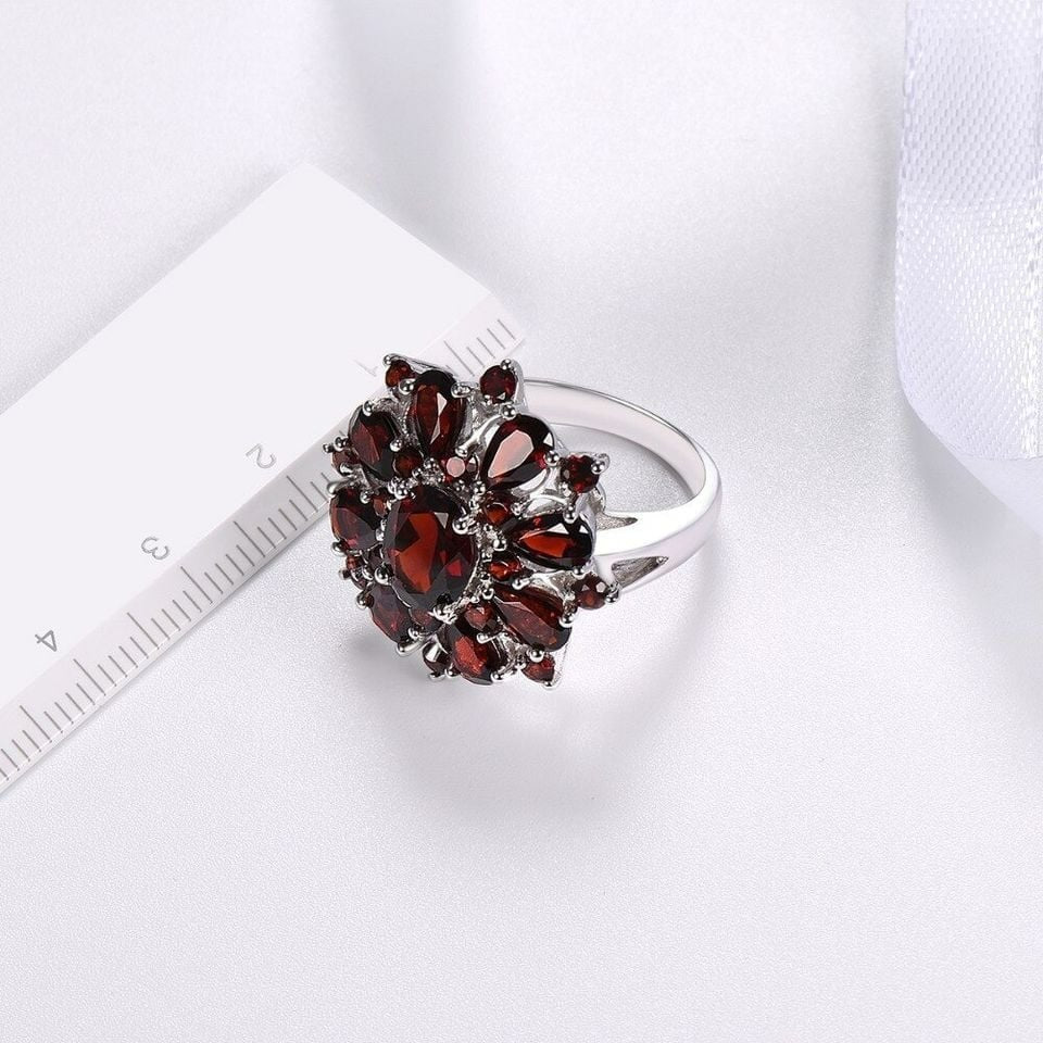 Vintage Dark Red Garnet Silver Faceted Flower Ring