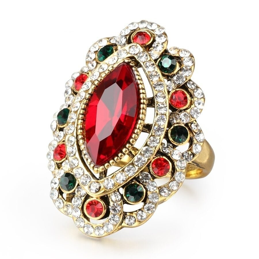 32mm Vintage Red Glass Antique Gold Tibet Ring