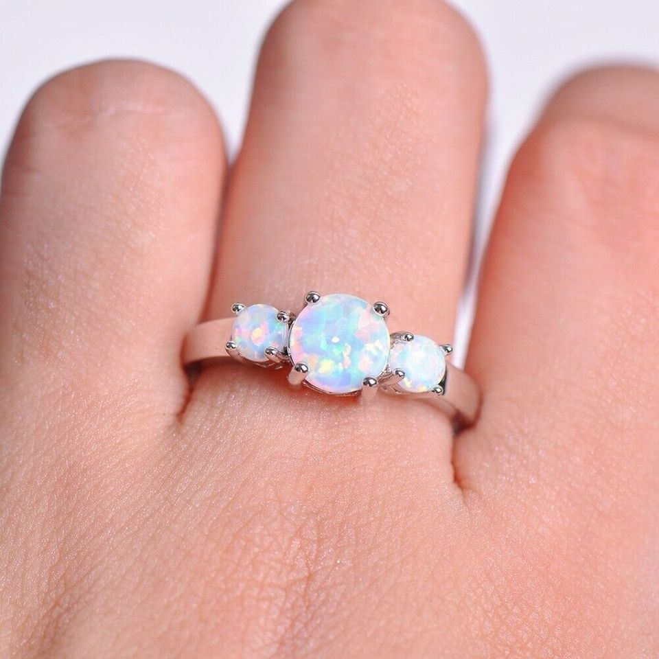 3 White Fire Opal Multi Stone Silver Ring