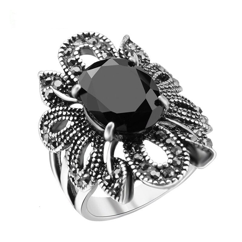 28mm Vintage Black Resin Hollow Out Flower Silver Ring