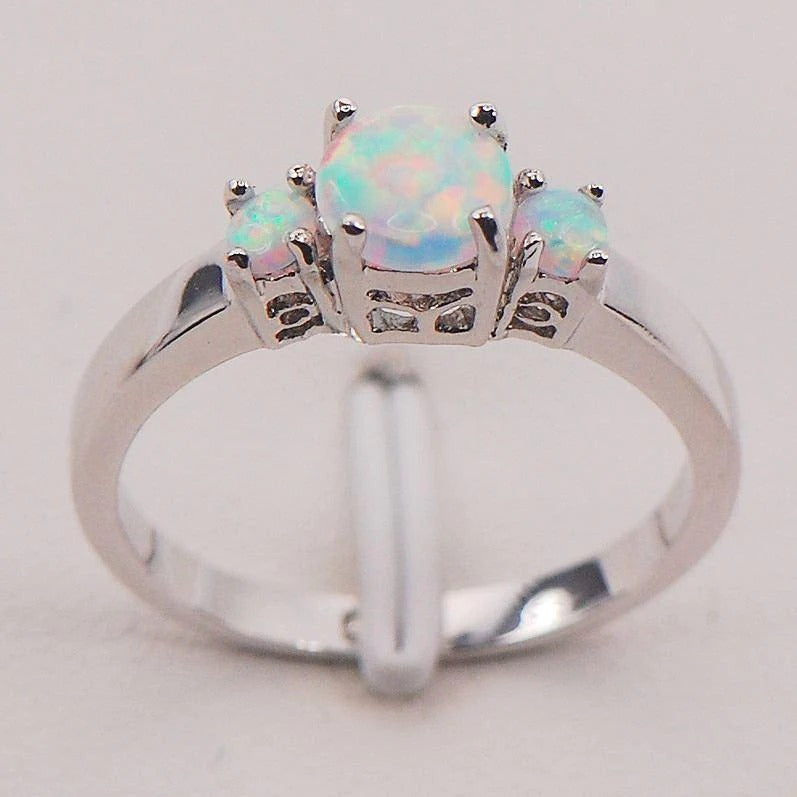 3 White Fire Opal Multi Stone Silver Ring