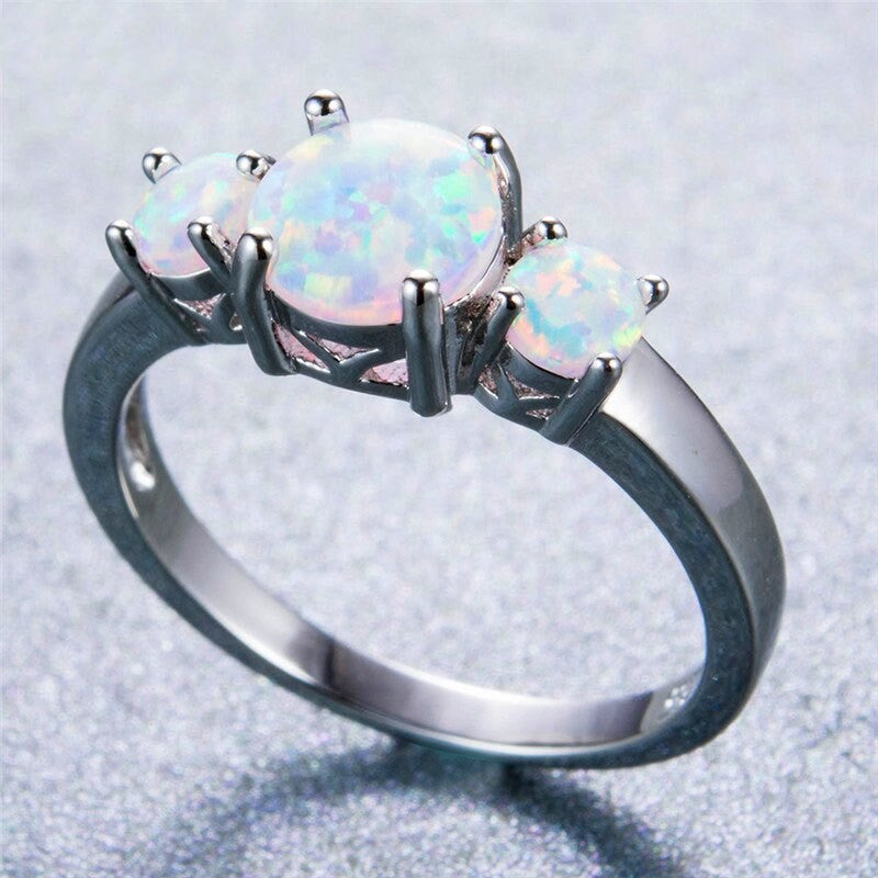 3 White Fire Opal Multi Stone Silver Ring