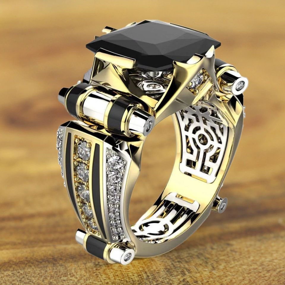 Men's Black Onyx Anillo Hombre Gold Inlay Ring