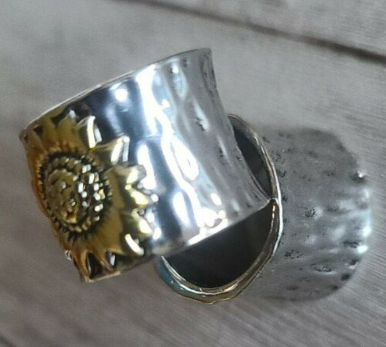 Vintage Carved Yellow Sunflower Silver Flower Ring