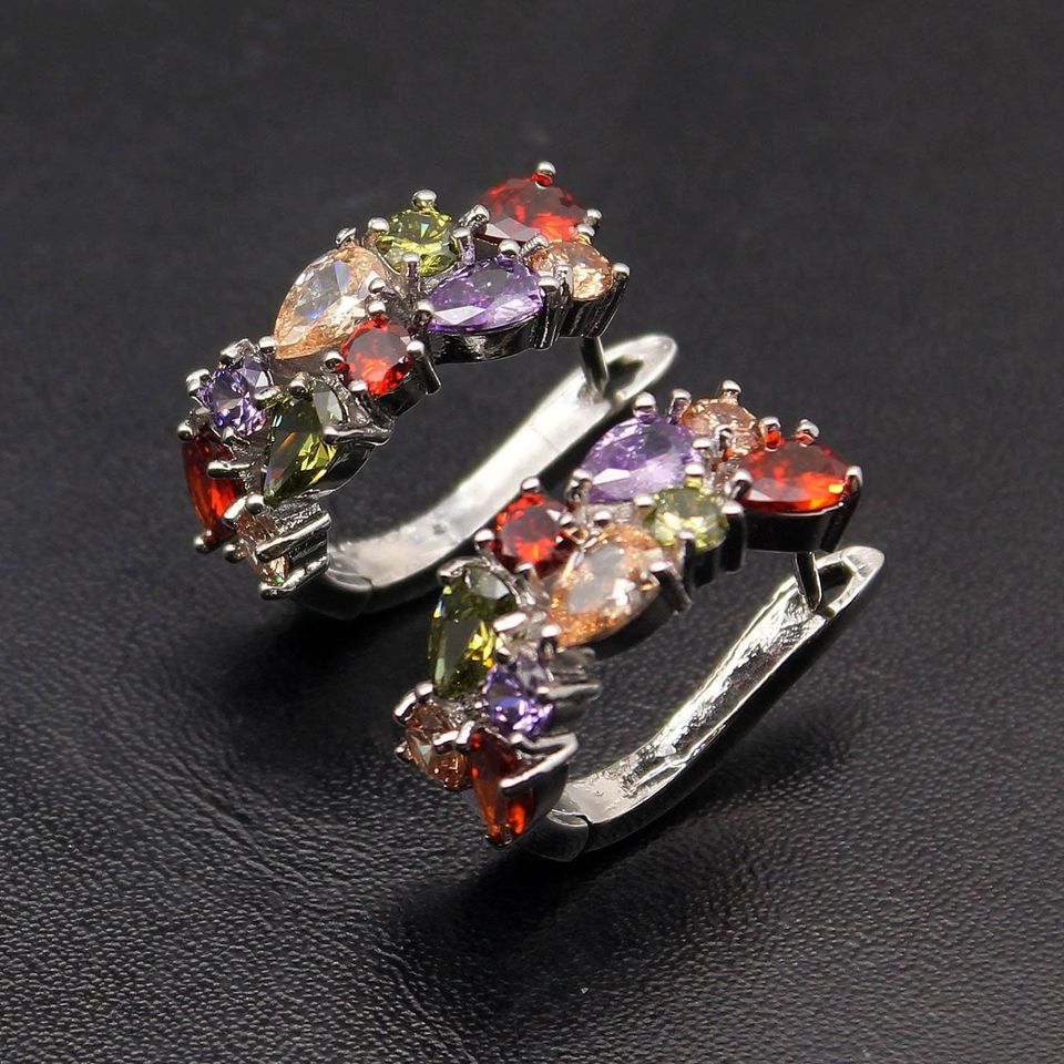 Ornamental Multicolor Garnet Stud Hoop Silver Earrings