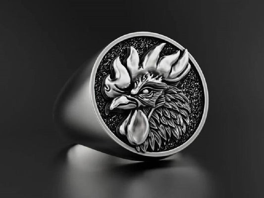 Men's 3D Engraved Rooster Domineering Silver Signet Ring