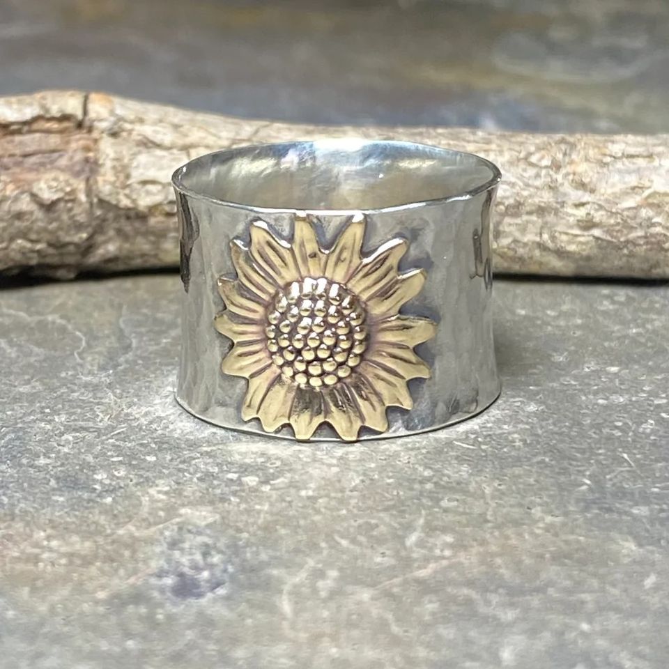 Vintage Carved Yellow Sunflower Silver Flower Ring