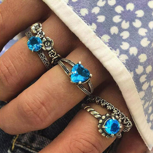 5pcs Vintage Flower Inlaid Blue Gemstone Heart Silver Ring Set