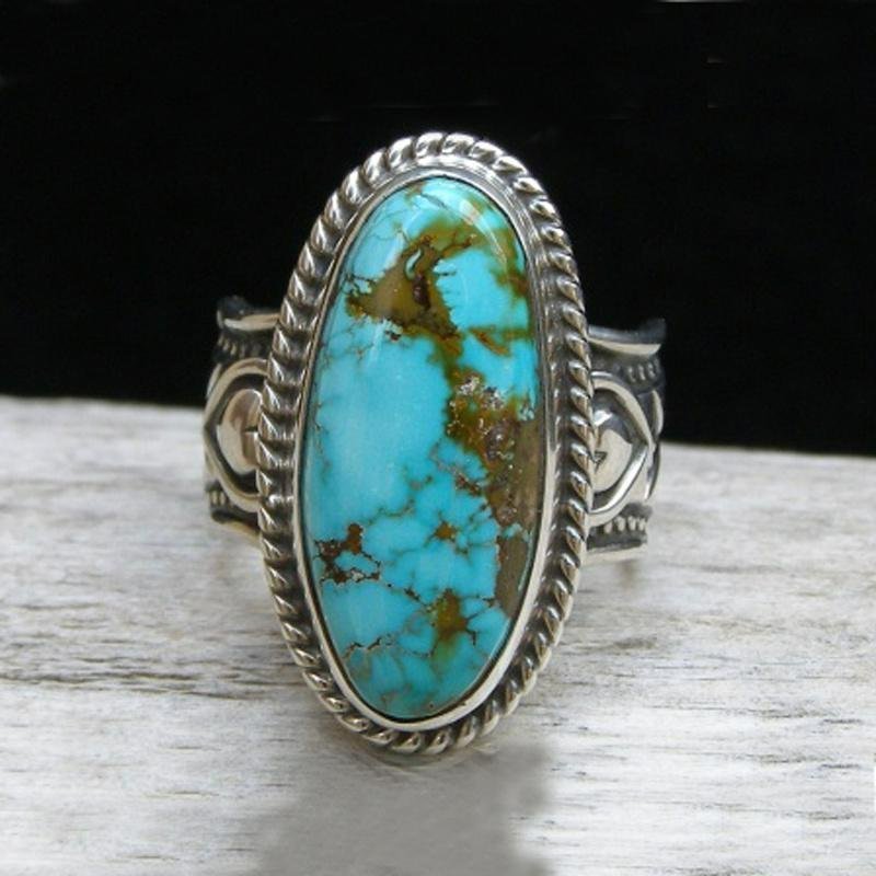 Vintage Bohemian Oval Blue Turquoise Heart Silver Retro Ring