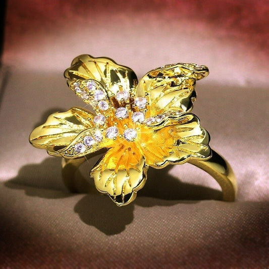 Handmade Epoxy Enamel Flower Elegant Gold Ring