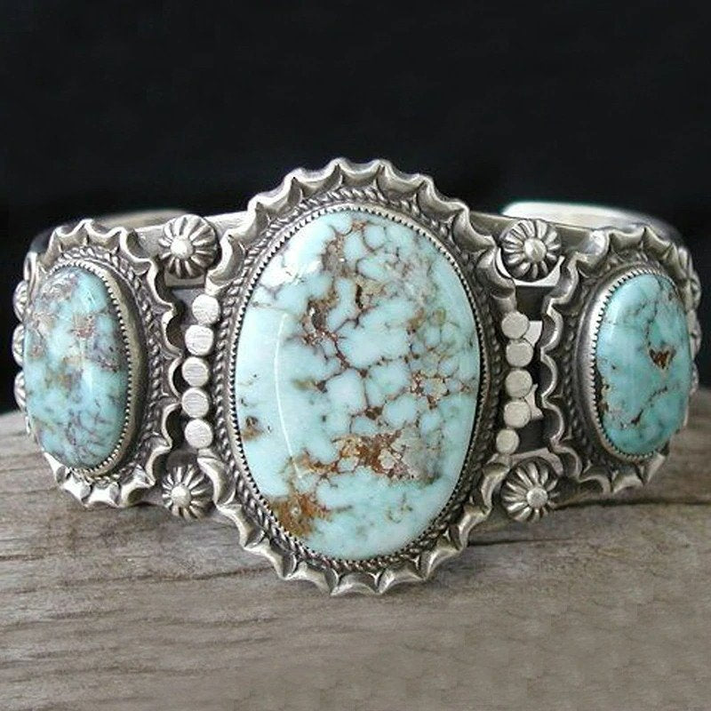 Vintage Marbled Blue Turquoise Retro Antique Silver Ring