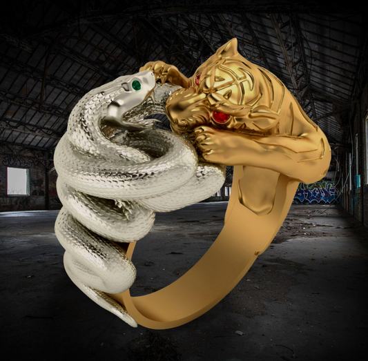 3D Retro Gold Tiger Silver Snake Fighting Animal Bohemia Ring