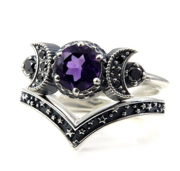 2pcs Vintage Triple Moon Purple Amethyst Silver Gothic Ring