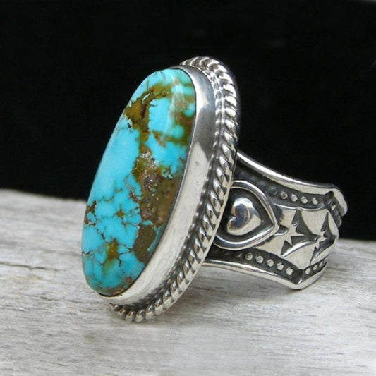 Vintage Bohemian Oval Blue Turquoise Heart Silver Retro Ring