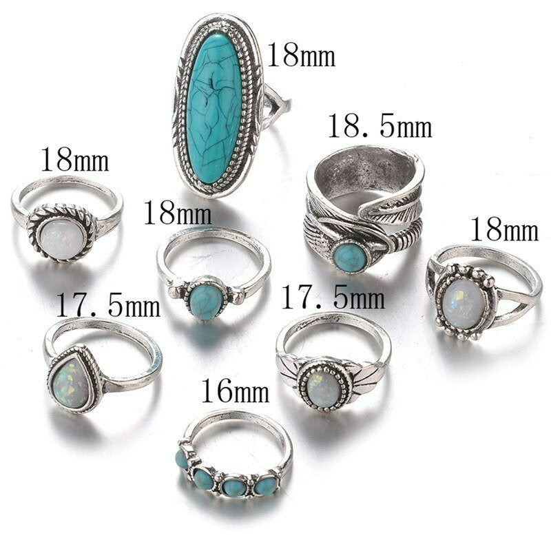 8pcs Vintage Blue Turquoise Antique Silver Ring Set