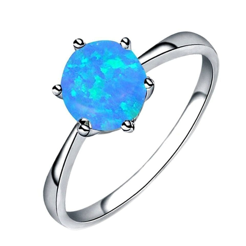 Round Blue Fire Opal Filled Six Claw Silver Ring