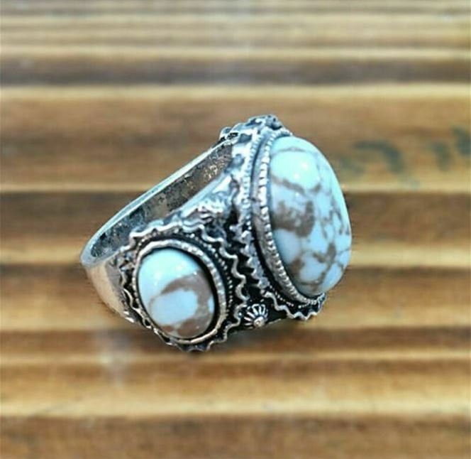 Vintage Marbled Blue Turquoise Retro Antique Silver Ring