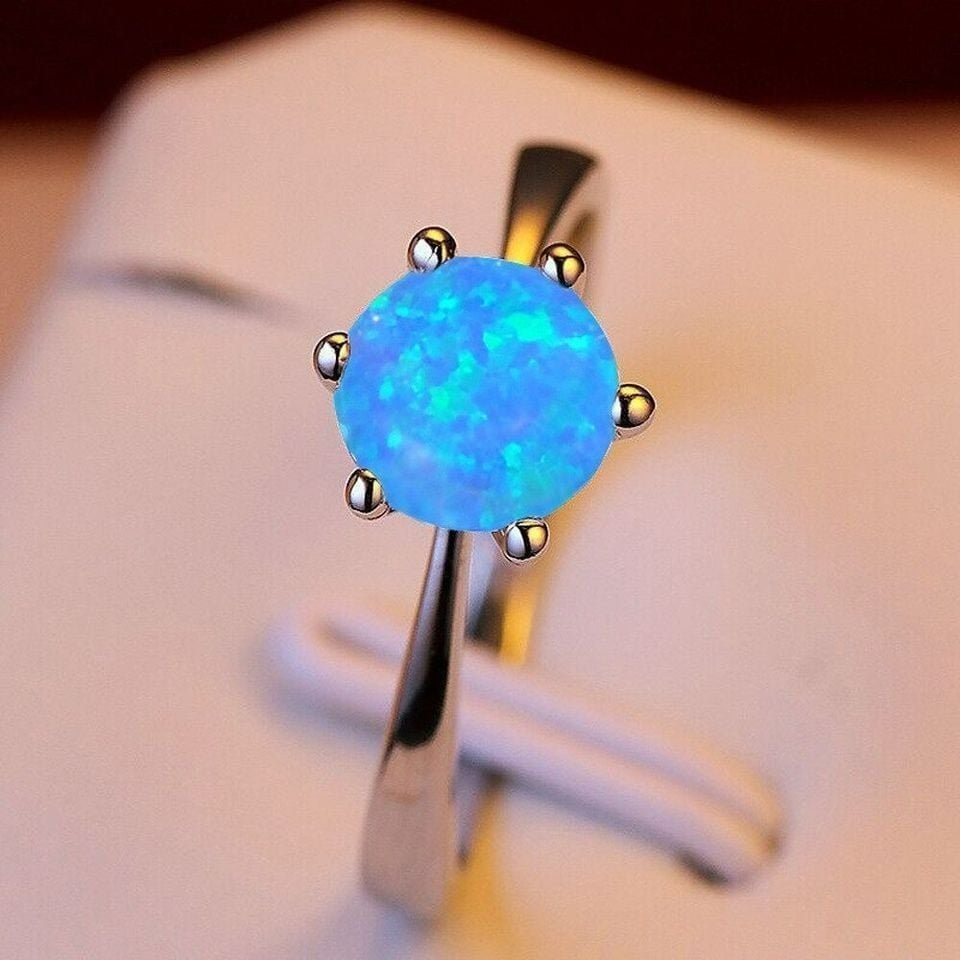 Round Blue Fire Opal Filled Six Claw Silver Ring