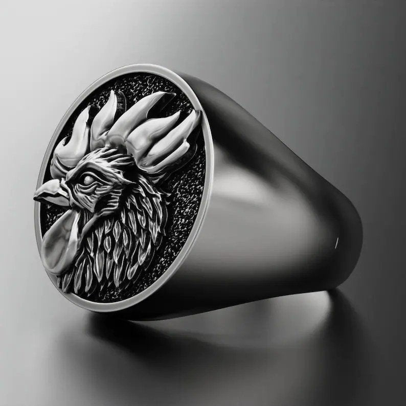 Men's 3D Engraved Rooster Domineering Silver Signet Ring