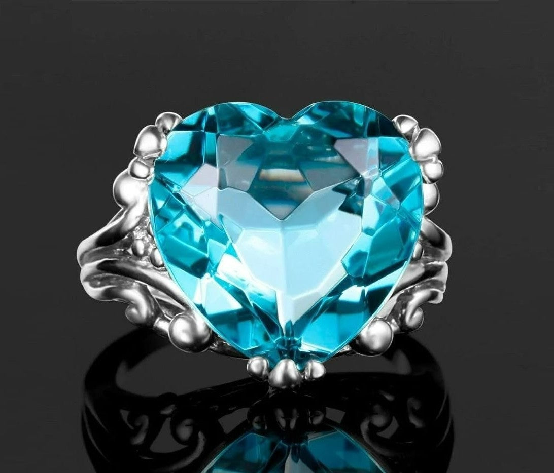 12mm Blue Aquamarine Silver Tone Heart Shaped Ring