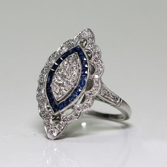 Vintage 2.35CT White Round Cut Gem & Blue Sapphire Silver Art Deco Ring