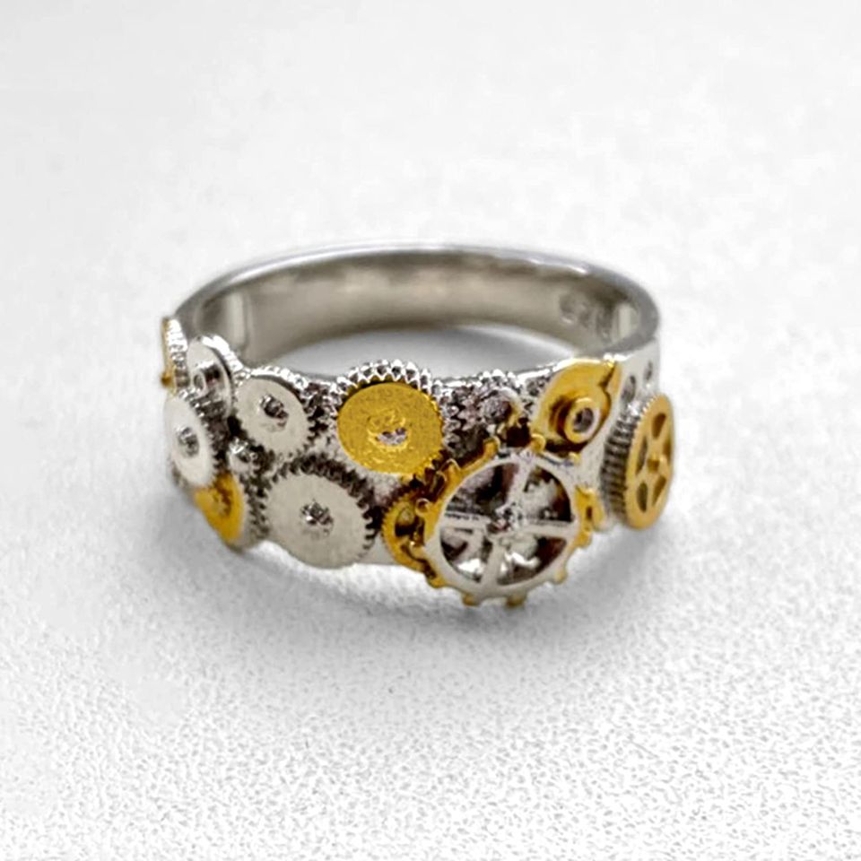925 Sterling Silver Mechanical Gears Two Tone Ring