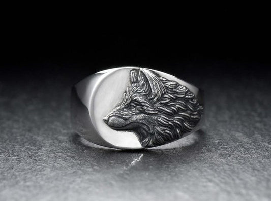 925 Sterling Silver Vintage Carved Wolf Head Retro Ring