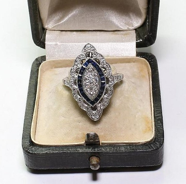 Vintage 2.35CT White Round Cut Gem & Blue Sapphire Silver Art Deco Ring