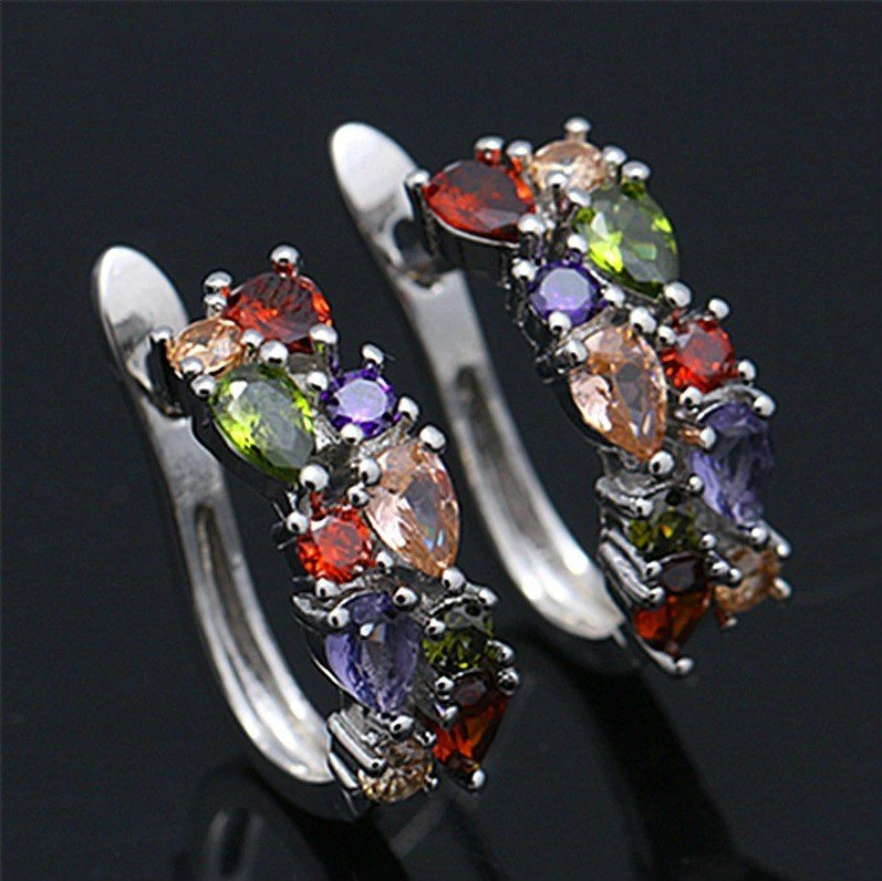 Ornamental Multicolor Garnet Stud Hoop Silver Earrings