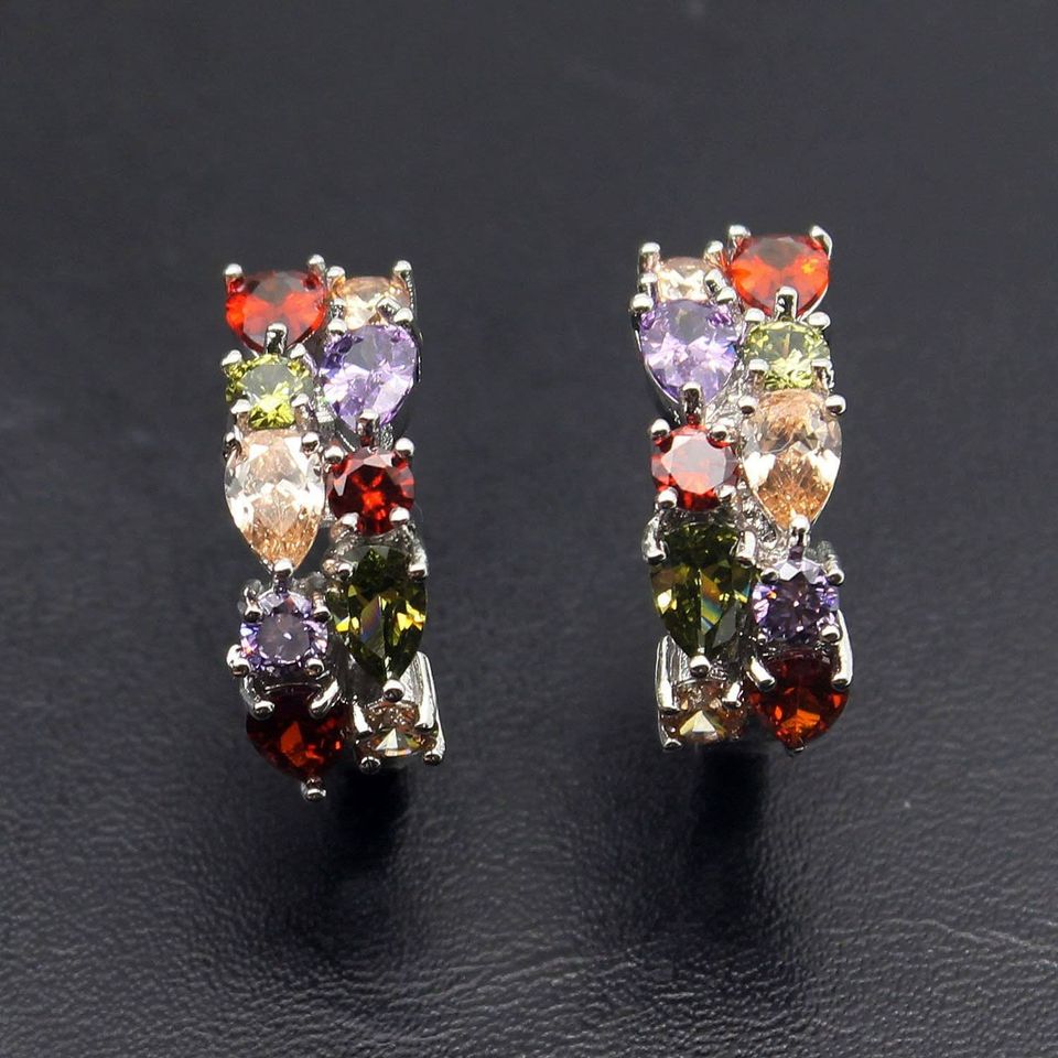 Ornamental Multicolor Garnet Stud Hoop Silver Earrings