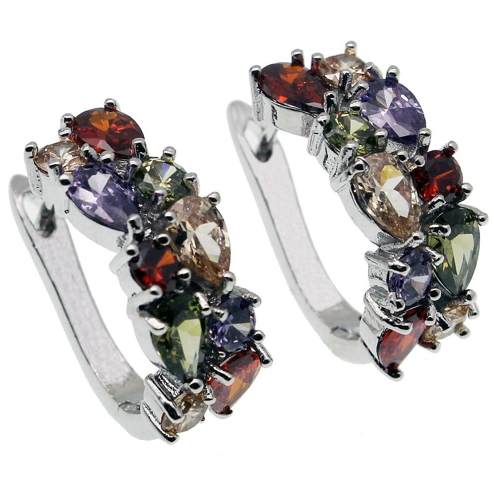 Ornamental Multicolor Garnet Stud Hoop Silver Earrings