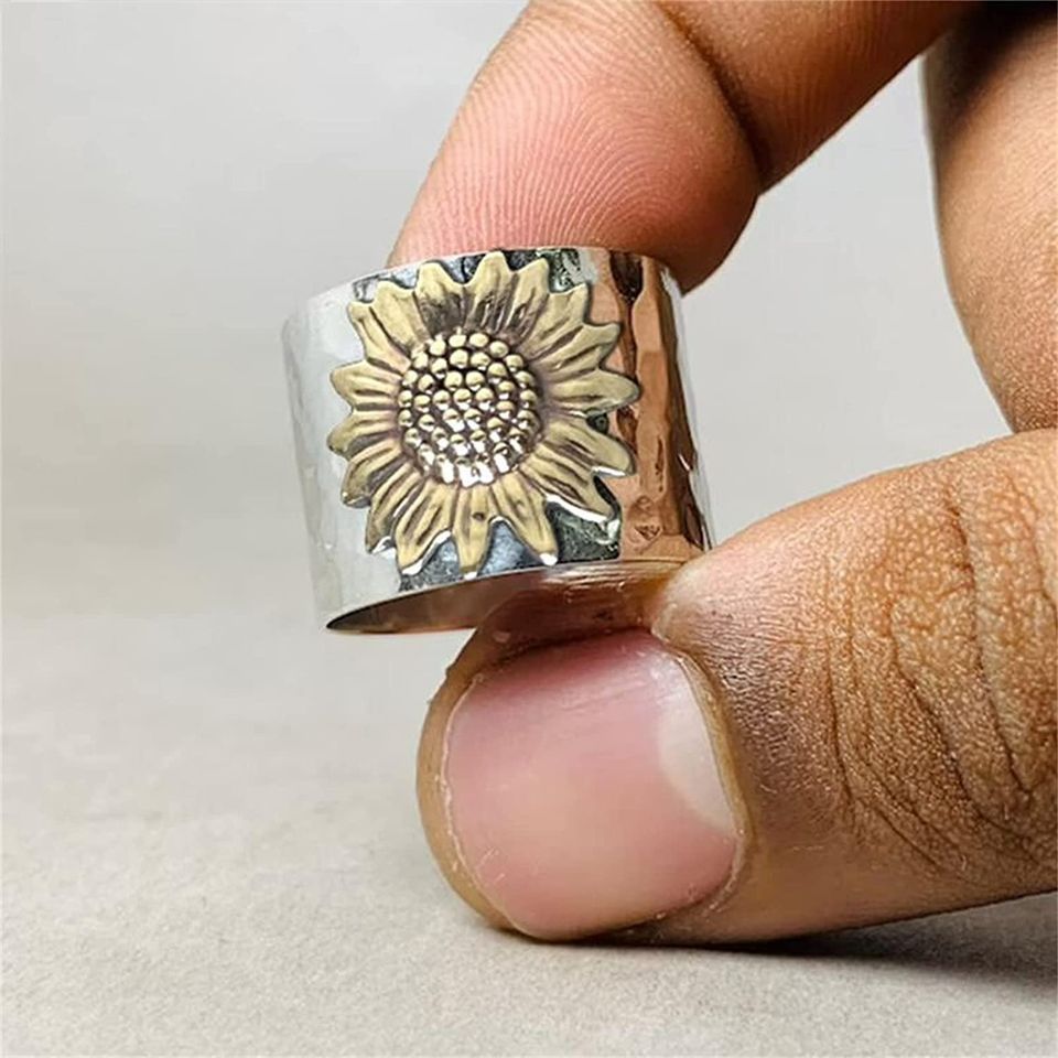 Vintage Carved Yellow Sunflower Silver Flower Ring