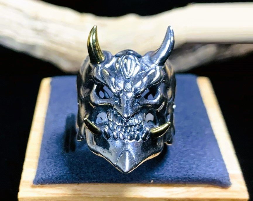 Men's Yokai Skull Silver Open Gothic Mask Ring