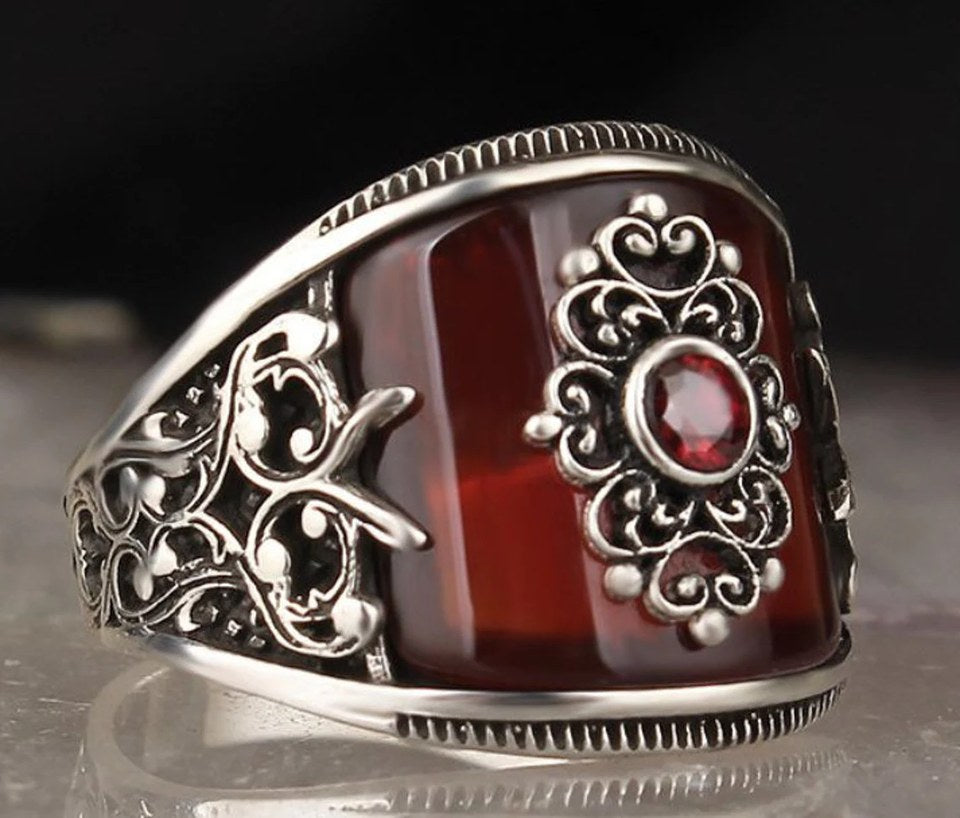 Men's Handmade Red Agate Stone Silver Ring