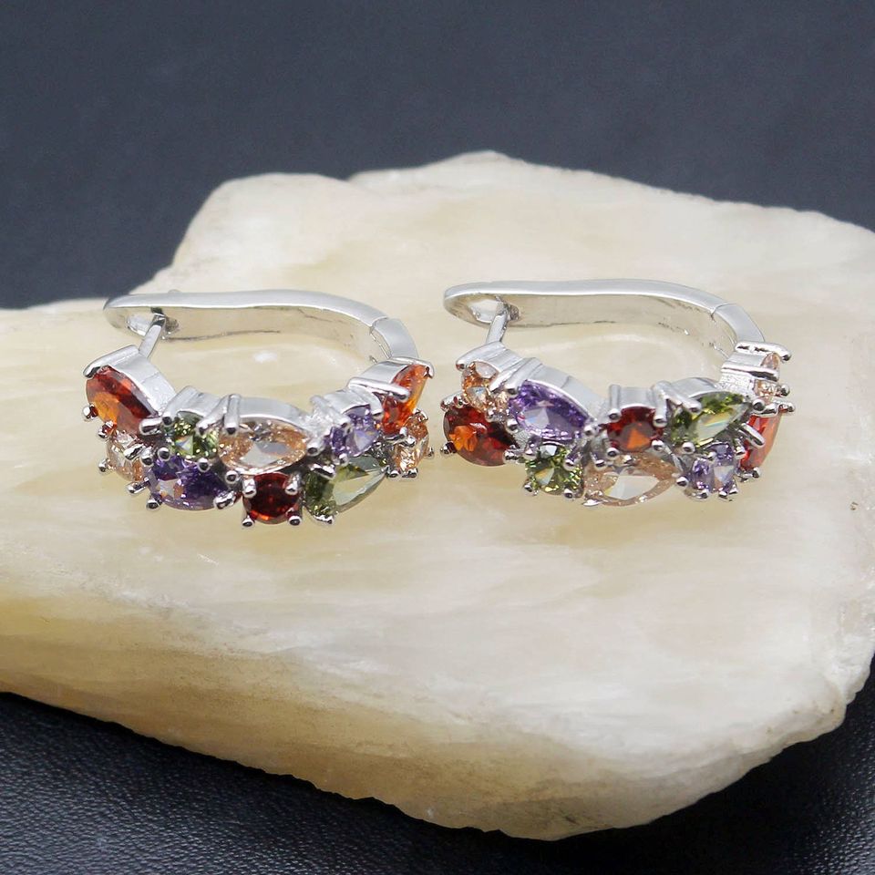 Ornamental Multicolor Garnet Stud Hoop Silver Earrings